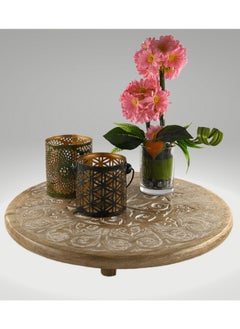 Souq DESIGNS Serving Tray Round Wooden Tray Home Decor Rustic Kitchen Countertop Display Coffee Tea Organizer Decorative Ramadan Circle Plate Cake Stand Breakfast Bamboo Farmhouse Ottoman Dining Table  - Image 3