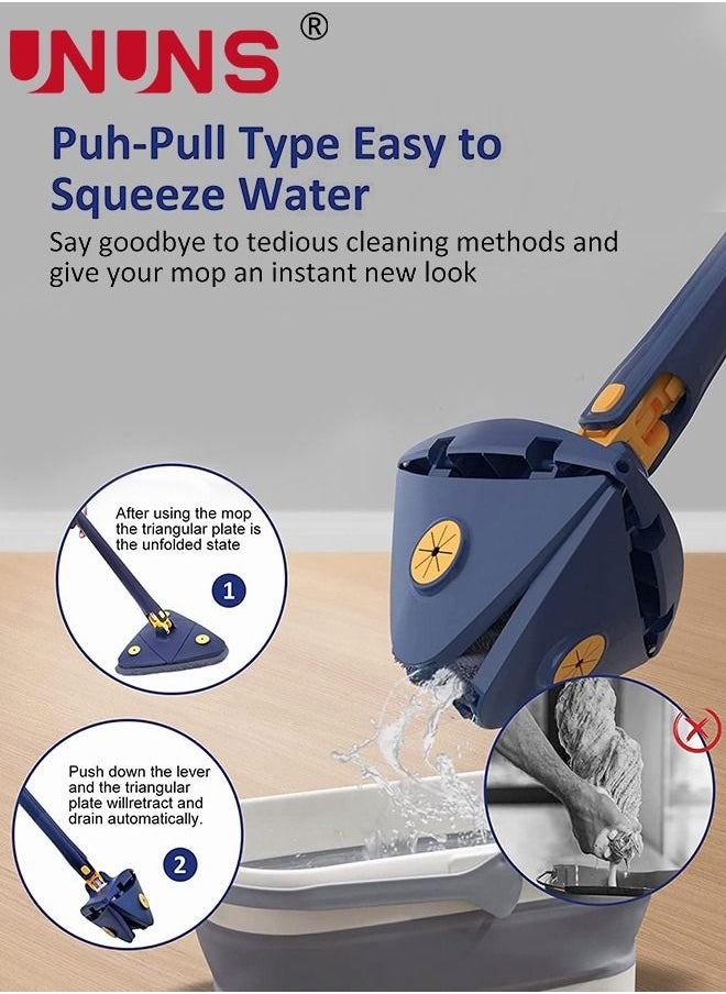 UNUNS - 360 Degree Cleaning Mop,Adjustable Triangle Cleaning Mop With Automatic Water Squeezing Function,Long Handle Mop With 2 Cloths And A Scraper - Image 1