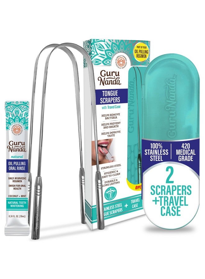 GuruNanda Tongue Scraper for Adults (2 Pack) with Travel Case, 420 Medical-grade 100% Stainless Steel Tongue Cleaner, Aids in Fresh Breath & Oral Care - Image 1