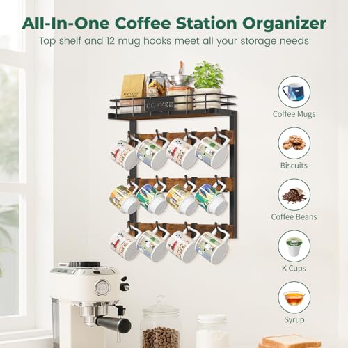 EsLuker.ly Coffee Mug Holder Wall Mounted Display Rack, Black Metal Cup Hanger Organizer with 12 Movable Plastic Hooks, Wood Rustic Shelf for Coffee Bar Home Kitchen, Thoughtful Wall Storage - Image 5
