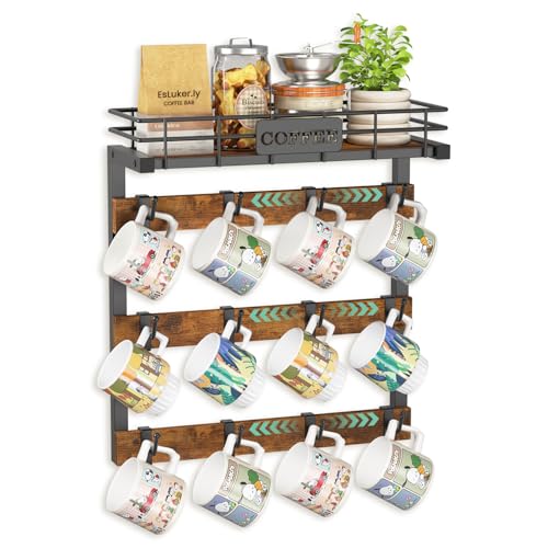 EsLuker.ly Coffee Mug Holder Wall Mounted Display Rack, Black Metal Cup Hanger Organizer with 12 Movable Plastic Hooks, Wood Rustic Shelf for Coffee Bar Home Kitchen, Thoughtful Wall Storage - Image 1
