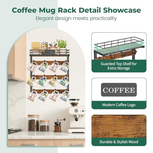 EsLuker.ly Coffee Mug Holder Wall Mounted Display Rack, Black Metal Cup Hanger Organizer with 12 Movable Plastic Hooks, Wood Rustic Shelf for Coffee Bar Home Kitchen, Thoughtful Wall Storage - Image 4