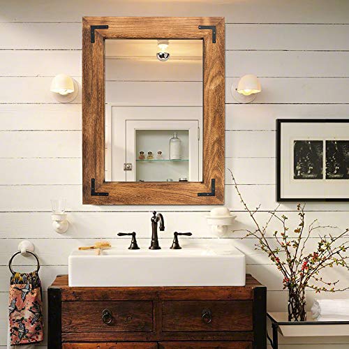 YOSHOOT Rustic Wooden Framed Wall Mirror Natural Wood Bathroom Vanity Mirror for Farmhouse Decor Vertical or Horizontal Hanging 26 x 18 Brown