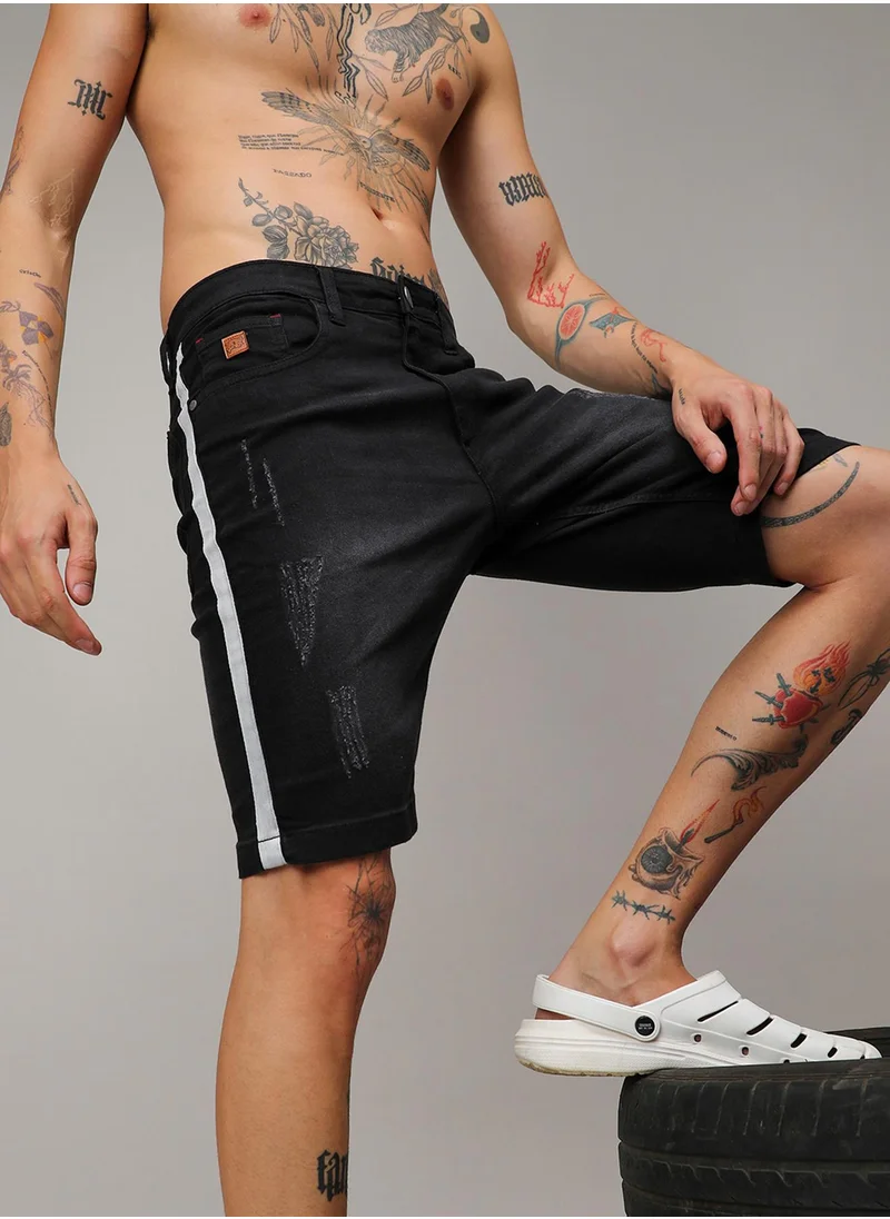 كامبوس سوترا Campus Sutra Men's Charcoal Black Heavy Distressed Cargo Denim Shorts For Casual Wear | Medium-Wash | 5 Pocket | Button Closure | Denim Shorts Crafted With Comfort Fit For Everyday Wear