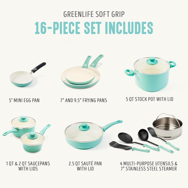 جرين لايف مجموعة أدوات الطهي Soft Grip الصحية الخزفية غير اللاصقة، مكونة من 16 قطعة، باللون الفيروزي - Image 4