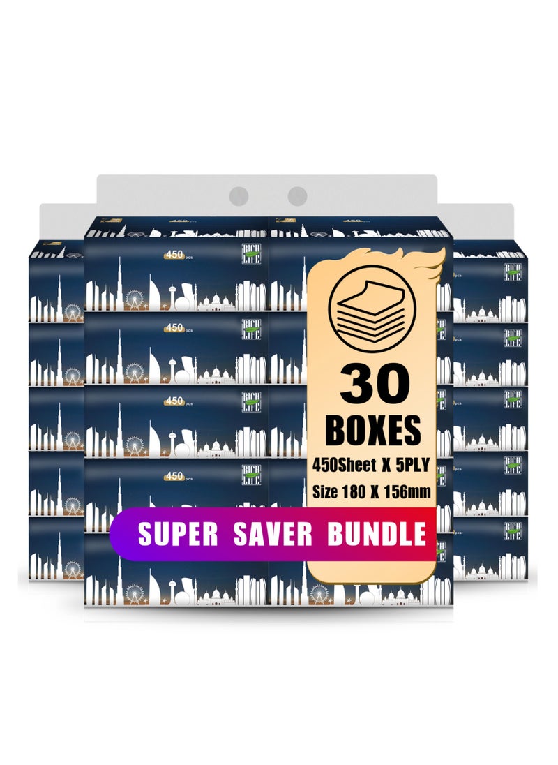 Rich Life Facial Tissue - Premium Quality 5-Ply - 450 Sheets | 30 Value Packs | Soft, Durable & Moisture Proof | 100% Raw Wood Pulp - Ideal for Wet & Dry | Available in 5 to 100 Packs  - Image 1