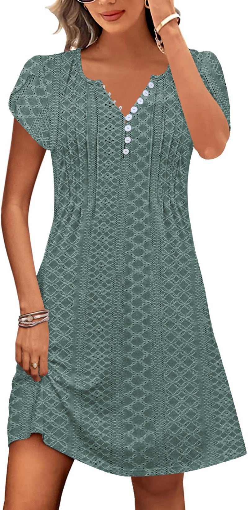 ETCYY Women's Casual Dress Short Sleeve Sundresses Vacation Summer Dresses 2026 Beach Spring A-Line Tshirt Dress with Pockets,Lace Green,Large - Image 1