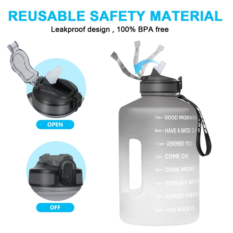 SLUXKE 1 Gallon Water Bottle with Straw, 128oz Motivational Large Water Bottle with Time Marker BPA Free, Big Sports Bottle Jug with Handle Leak Proof for Fitness Outdoor Enthusiasts BLACK WHITE - Image 2