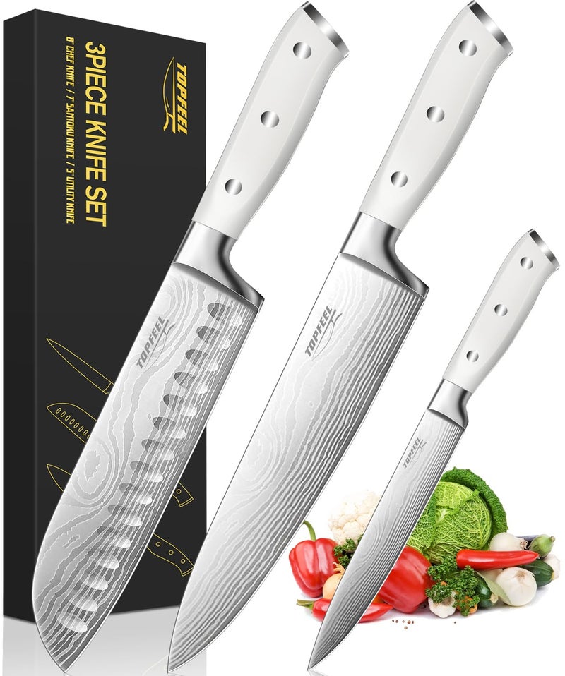 Topfeel 3PCS Professional Chef Knife Set Ultra Sharp Japanese Kitchen Knife German High Carbon Stainless Steel 8 inch chefs knives 7 inch Santoku Knife 5 inch Utility Knife with Gift Box