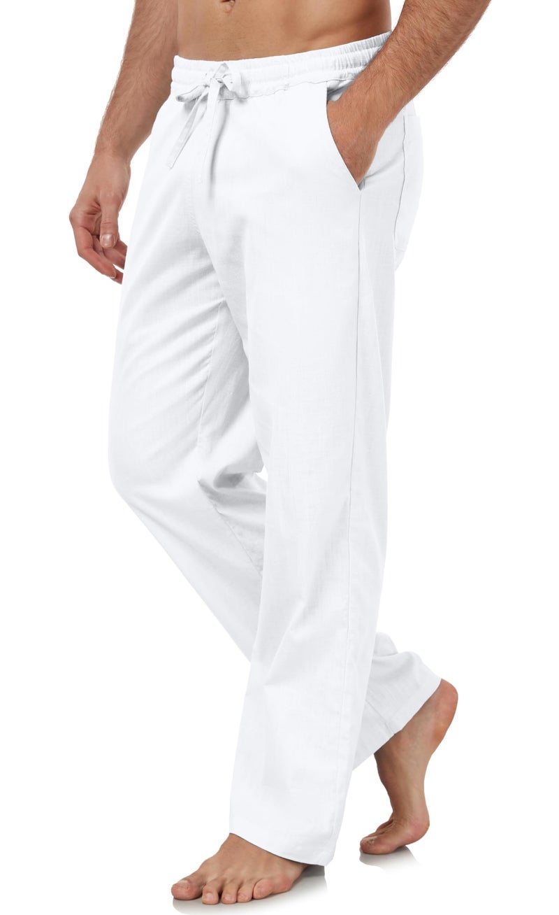 Janmid Mens Casual Linen Pants Elastic Waist Drawstring Beach Summer Pants Lightweight Linen Trousers White M - Image 3