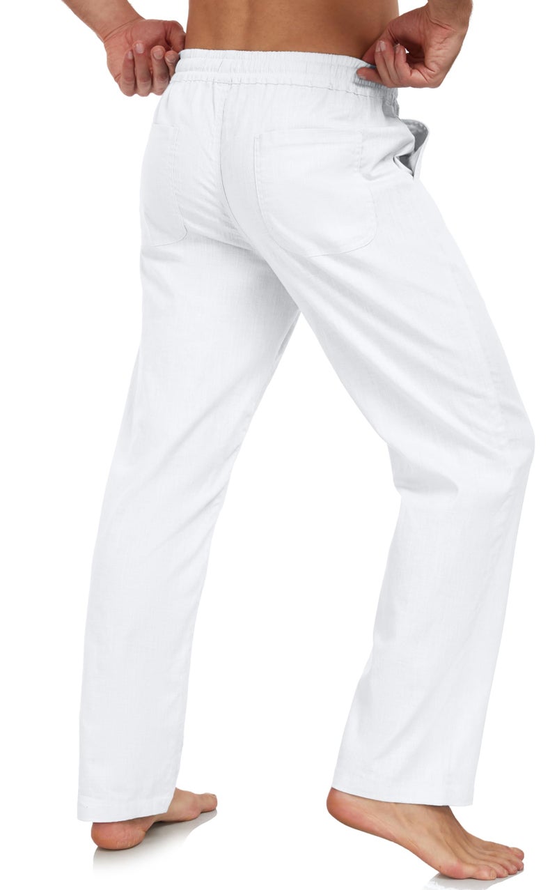 Janmid Mens Casual Linen Pants Elastic Waist Drawstring Beach Summer Pants Lightweight Linen Trousers White M - Image 2