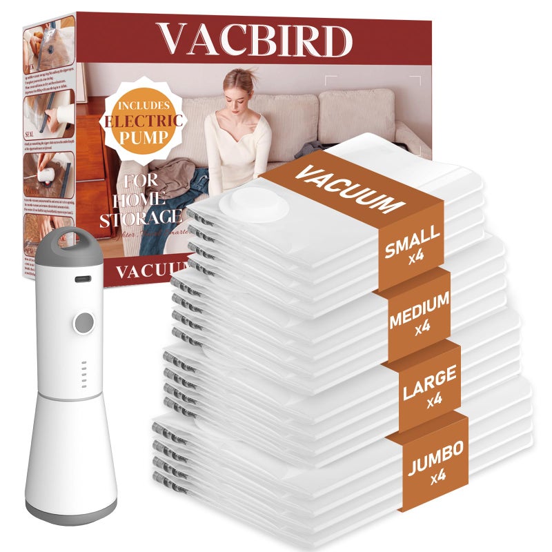 Vacbird Vacuum Seal Bags for Clothing 16 Pack Vacuum Storage Bags with Rechargeable Cordless Air Pump4J4L4M4S Space Saver Bags for Clothes Blanket Duvets Pillows Comforters Travel