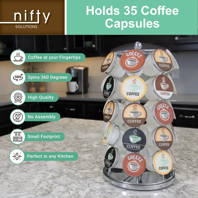 Nifty Solutions Nifty K Cup Holder – Compatible with K-Cups, Coffee Pod Carousel | 35 K Cup Holder, Spins 360-Degrees, Lazy Susan Platform, Modern Chrome Design, Home or Office Kitchen Counter Organizer - Image 4