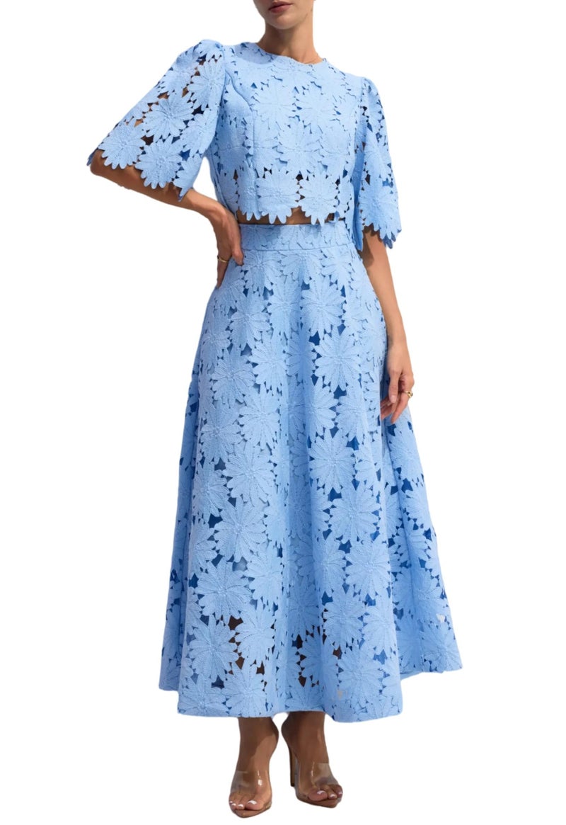 NIFTRIRY Two Piece Sets for Women Dressy Solid Color Embroidered Short Sleeve Crop Top Maxi Skirt Suit Summer Outfits M - Image 1