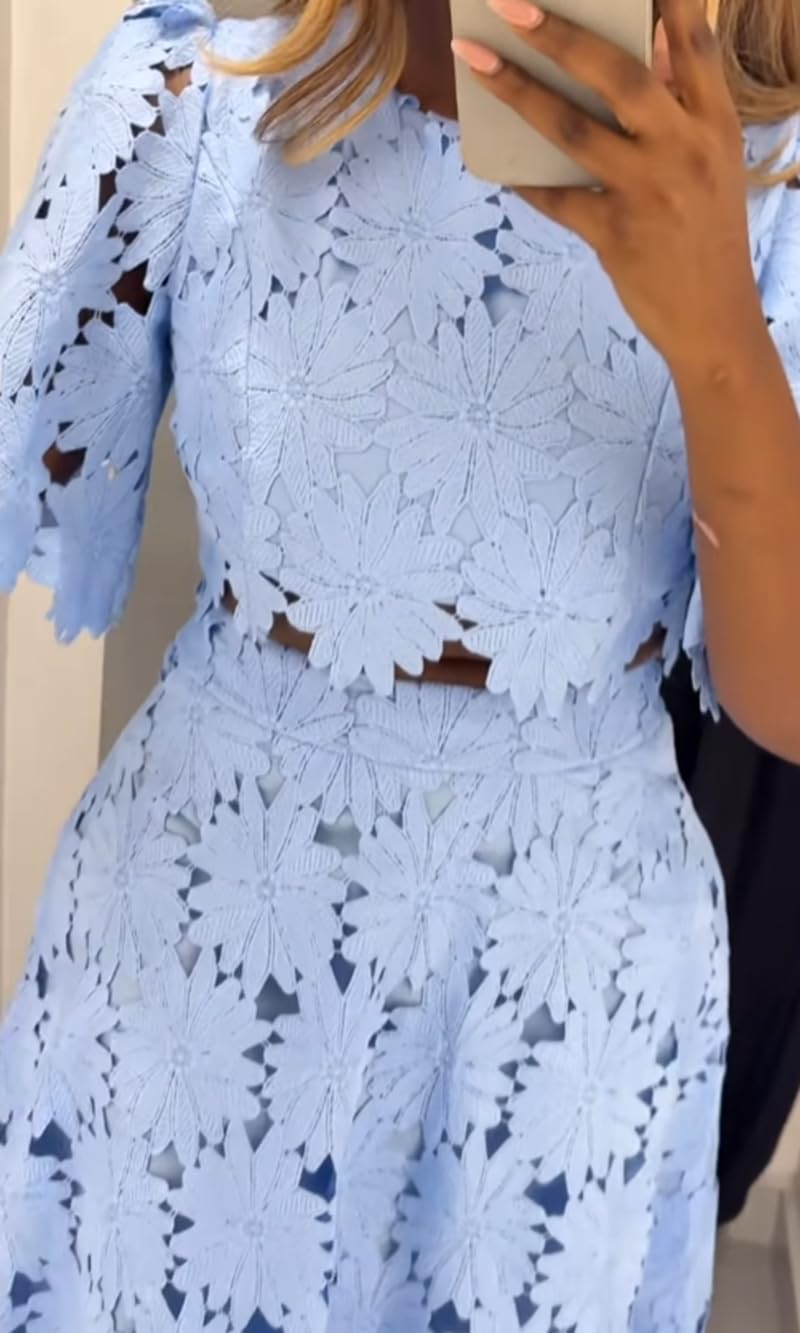 NIFTRIRY Two Piece Sets for Women Dressy Solid Color Embroidered Short Sleeve Crop Top Maxi Skirt Suit Summer Outfits M - Image 4
