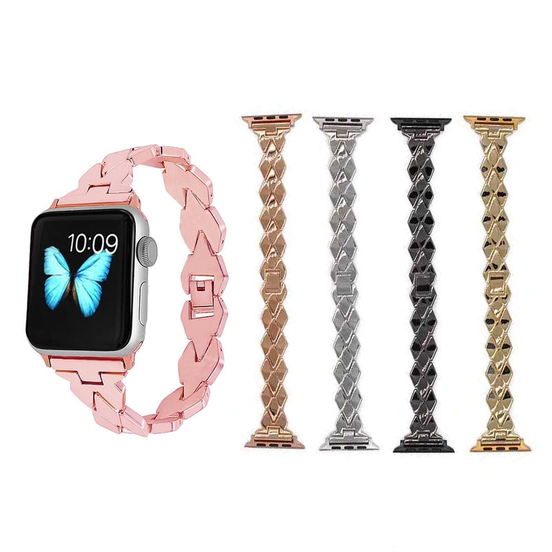 For Apple Watch Series 7 45mm / 6 & SE & 5 & 4 44mm / 3 & 2 & 1 42mm Diamond Stainless Steel Watch Band Strap(Rose Gold)