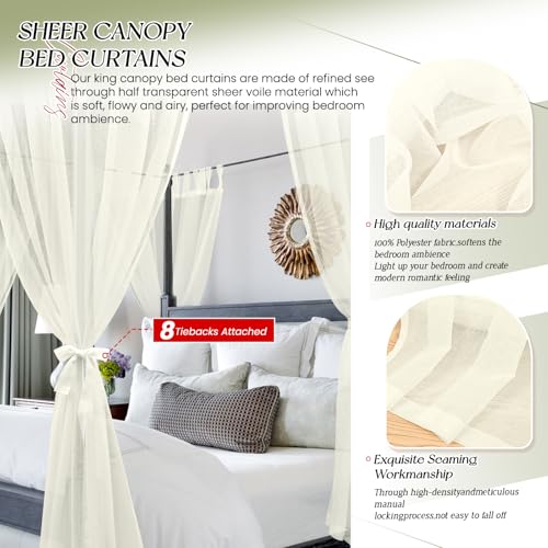 Showgeous 8 Panels Canopy Curtains Ivory Canopy Bed Curtains for King Full/Queen and Twin Bed Frame,Four Poster Bed Canopy Curtains Drapes,Sheer Canopy Bed Drapes with Top and Self-Adhesive Velcro(42"x74") - Image 3