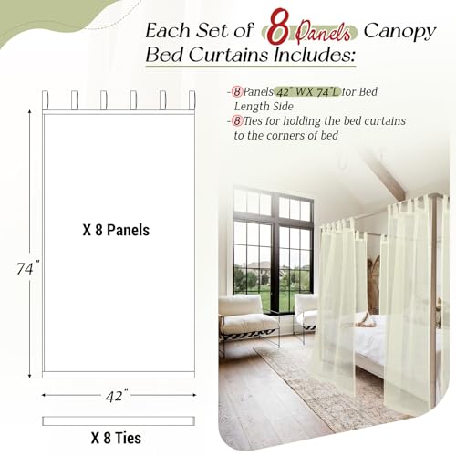 Showgeous 8 Panels Canopy Curtains Ivory Canopy Bed Curtains for King Full/Queen and Twin Bed Frame,Four Poster Bed Canopy Curtains Drapes,Sheer Canopy Bed Drapes with Top and Self-Adhesive Velcro(42"x74") - Image 2