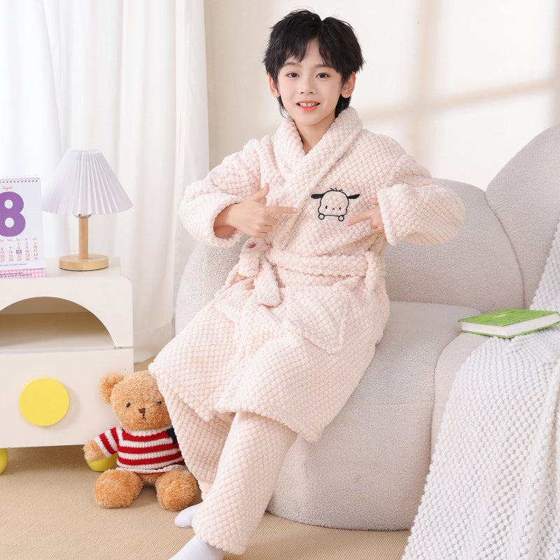 Children'S Nightgown Boys' Flannel Bathrobe Coral Fleece Pajamas Big Children'S Thickened Boys' Home Clothes Suit - Image 4