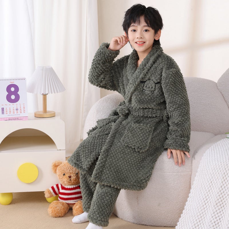 Children'S Nightgown Boys' Flannel Bathrobe Coral Fleece Pajamas Big Children'S Thickened Boys' Home Clothes Suit - Image 2