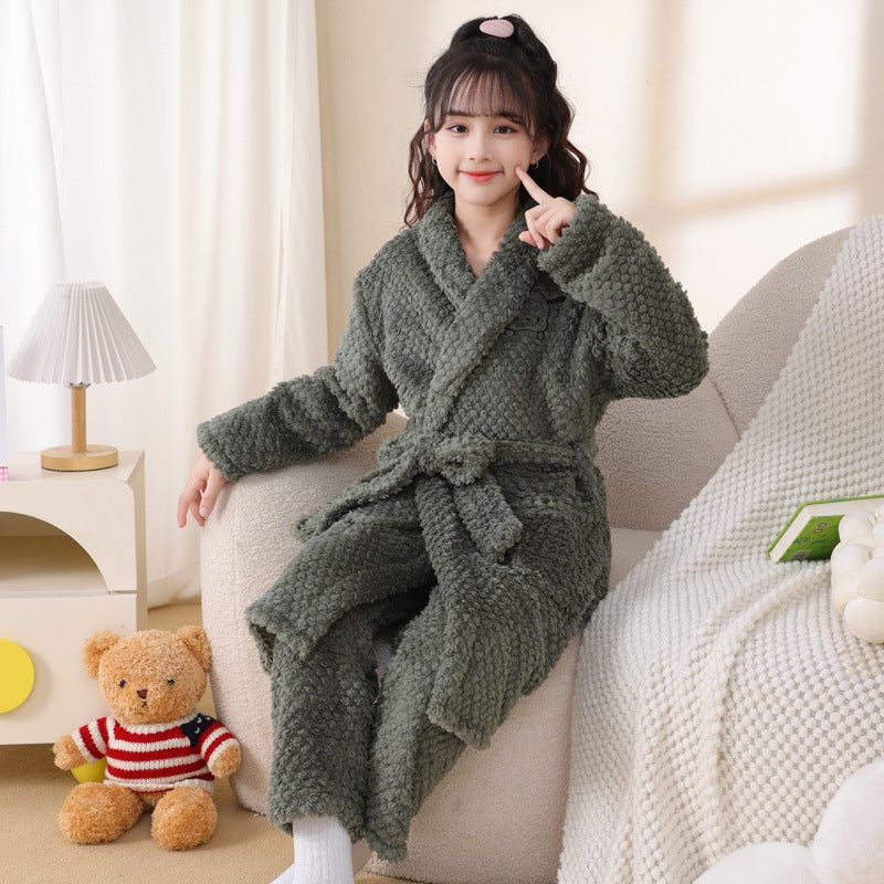 Children'S Nightgown Boys' Flannel Bathrobe Coral Fleece Pajamas Big Children'S Thickened Boys' Home Clothes Suit - Image 1