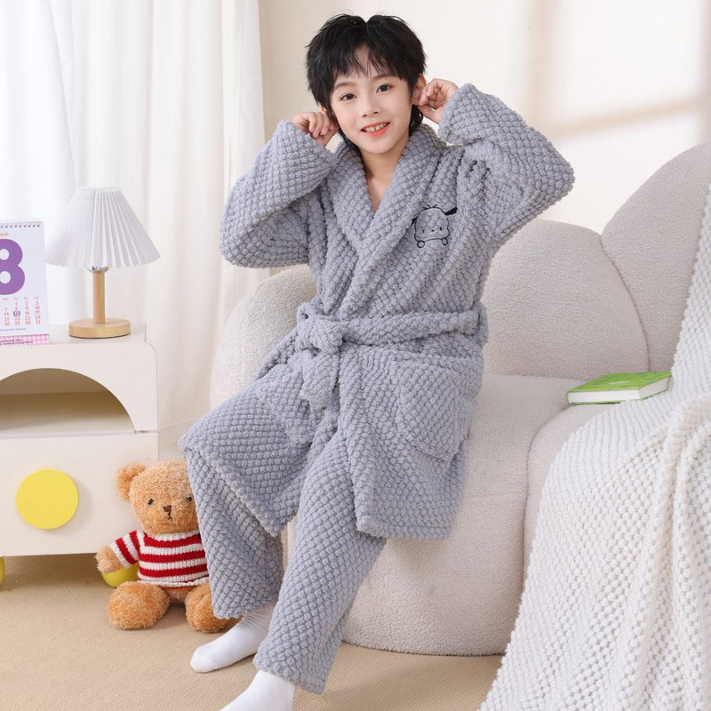Children'S Nightgown Boys' Flannel Bathrobe Coral Fleece Pajamas Big Children'S Thickened Boys' Home Clothes Suit - Image 3