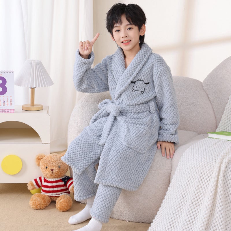 Children'S Nightgown Boys' Flannel Bathrobe Coral Fleece Pajamas Big Children'S Thickened Boys' Home Clothes Suit - Image 5