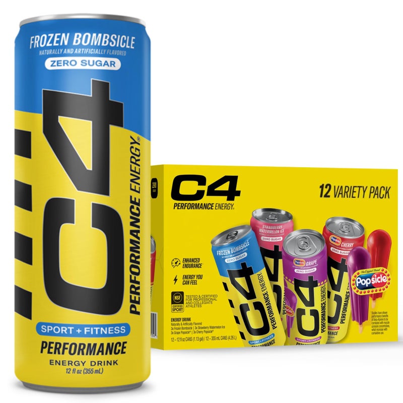 Cellucor C4 Energy Drink POPSICLE Variety Pack, Carbonated Sugar Free Pre Workout Performance Drink, 4 Flavors - Grape & Cherry Popsicle, Strawberry Watermelon Ice, Frozen Bombsicle, 12 Oz Pack of 12 - Image 1