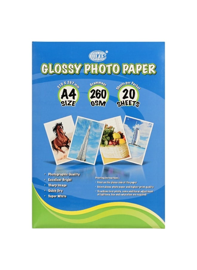 FIS Glossy Photo Paper, A4 Size(210x297mm), 260 Gsm Thickness, 20 Sheets Per Pack-FSPAGP26020N  - Image 1