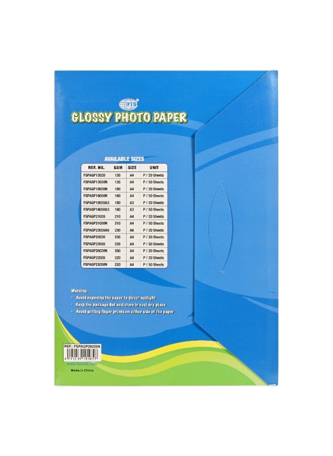 FIS Glossy Photo Paper, A4 Size(210x297mm), 260 Gsm Thickness, 20 Sheets Per Pack-FSPAGP26020N  - Image 2