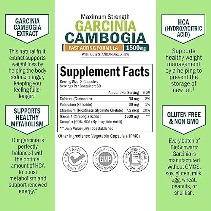 BioSchwartz Garcinia Cambogia Weight Loss Pills - 1500mg HCA Pure Extract - Fast Acting Appetite Suppressant - Fat Burner for Women and Men to Help Lose Weight - Carb Blocker Metabolism Diet Pill - 90 Capsules - Image 4