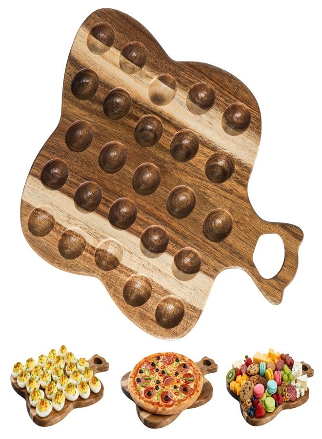 Mezchi Acacia Wood Deviled Egg Platter, 25 Holes Wooden Deviled Egg Tray Holder with Handle, 15" L x 12" W Reversible Charcuterie Board, Cheese Serving Tray for Easter, Thanksgiving, Countertop - Image 1