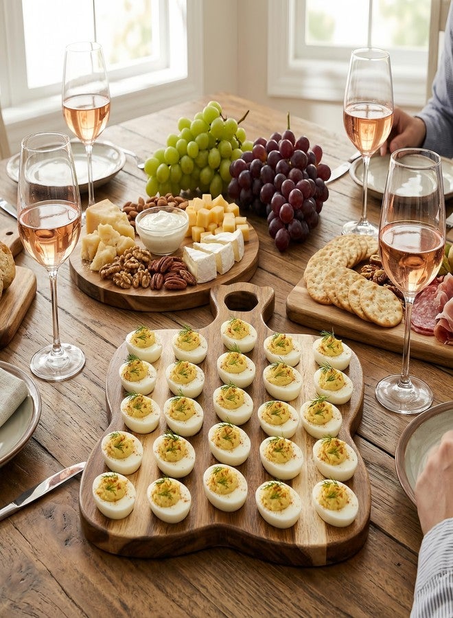 Mezchi Acacia Wood Deviled Egg Platter, 25 Holes Wooden Deviled Egg Tray Holder with Handle, 15" L x 12" W Reversible Charcuterie Board, Cheese Serving Tray for Easter, Thanksgiving, Countertop - Image 2