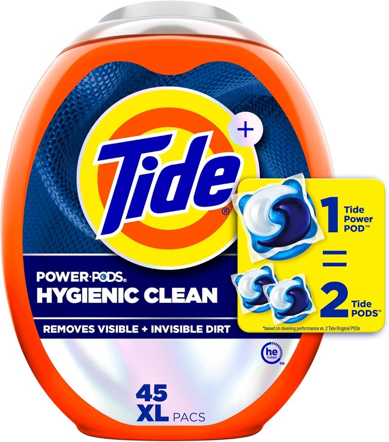 Power PODs Hygienic Clean Heavy Duty Liquid Laundry Detergent Pacs HE Compatible 45 Count Hypoallergenic Free and Clear of Dyes and Perfumes For Visible and Invisible Dirt - Image 1