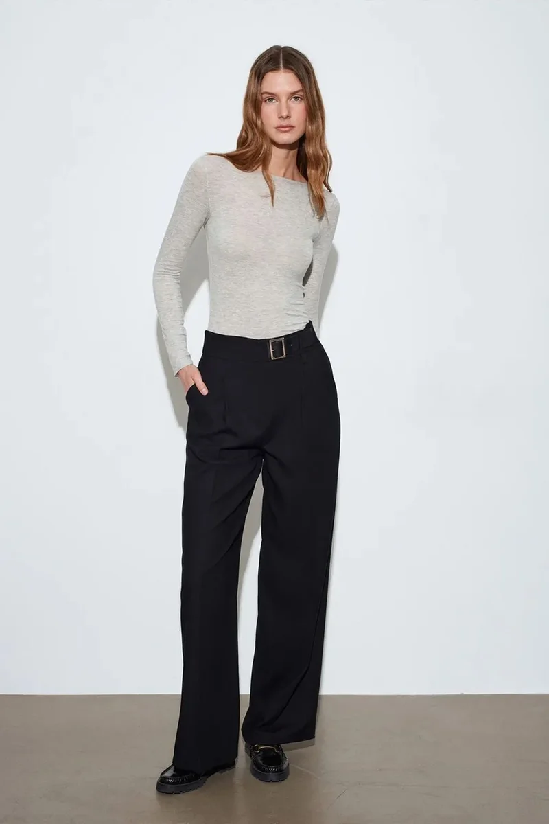 Dilvin Black DILVIN Belted Wide-leg Trousers for Women | Best Price UAE
