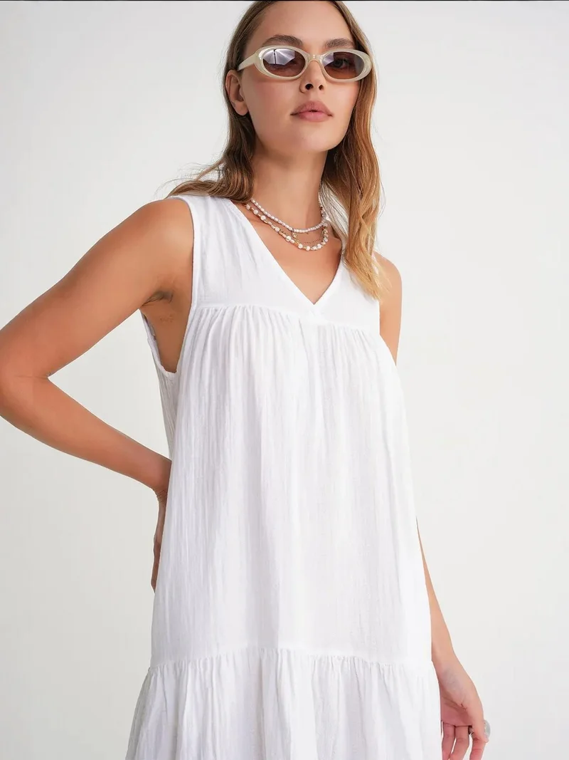 MixRay White Mixray Sleeveless V-Neck Muslin Midi Dress with Pockets for Women | Best Price UAE