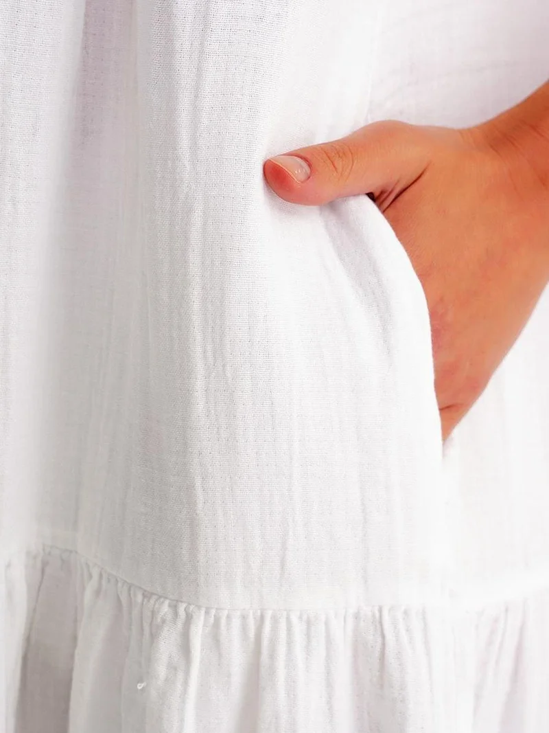 MixRay White Mixray Sleeveless V-Neck Muslin Midi Dress with Pockets for Women | Best Price UAE