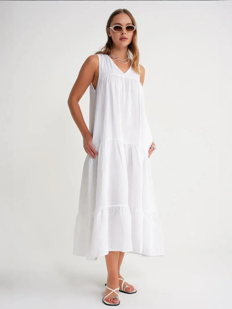 MixRay White Mixray Sleeveless V-Neck Muslin Midi Dress with Pockets for Women | Best Price UAE