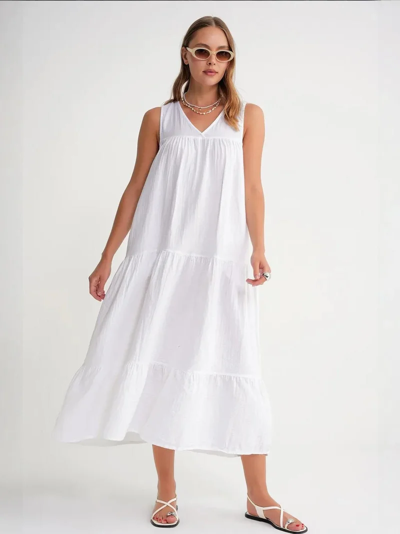 MixRay Mixray Sleeveless V-Neck Muslin Midi Dress with Pockets