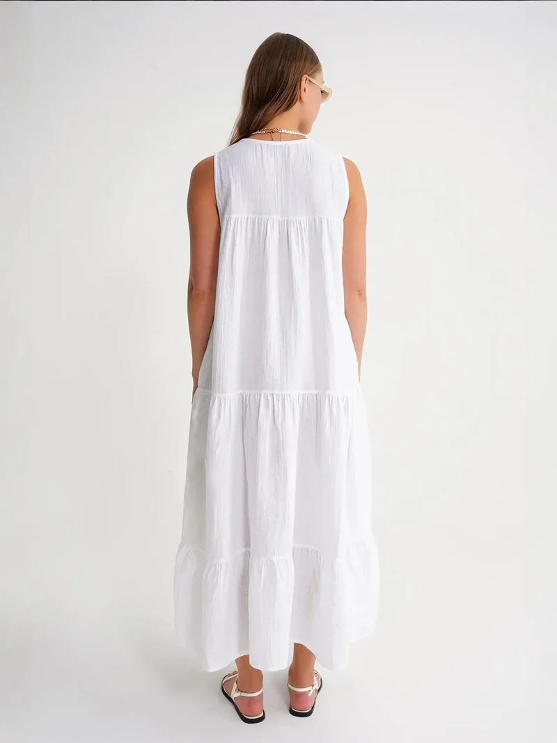 MixRay White Mixray Sleeveless V-Neck Muslin Midi Dress with Pockets for Women | Best Price UAE