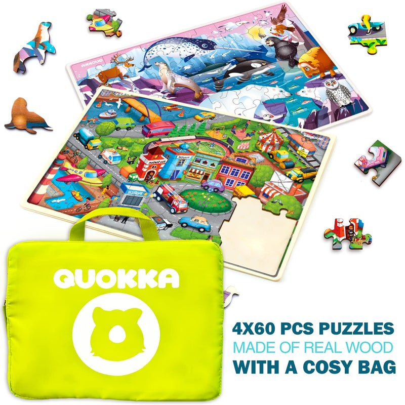 QUOKKA Wooden Puzzles for Kids Ages 4-6 – 4 x 60 Piece Kids Puzzles Ages 4-8-10 Year Olds by QUOKKA - Jigsaw Learning Game with Animals Dinosaurs City for 3-5 yo Wood Toys for Boys and Girls - Image 2