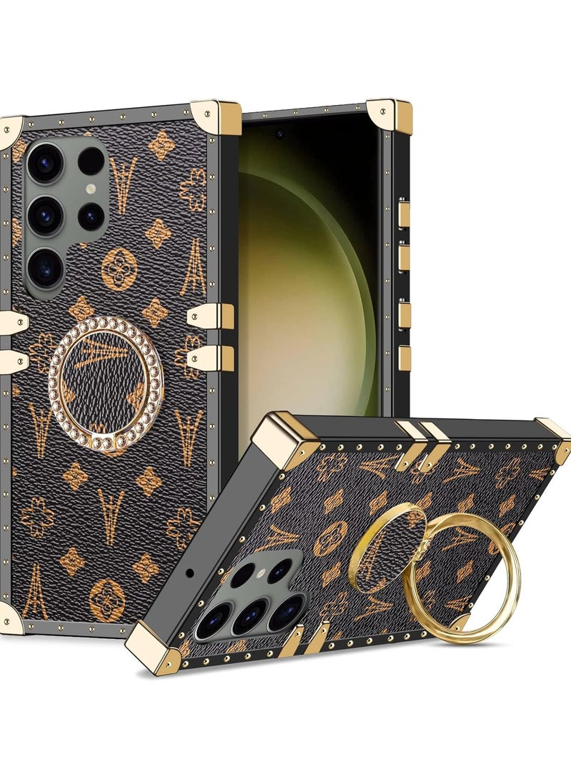 VKL for Galaxy S23 Ultra Square Leather Case with Kickstand Ring Stand Holder Luxury Retro Case for Women Girls Metal Edges Shockproof Protective Cover for Samsung Galaxy S23 Ultra 6.8 inch Brown  - Image 1