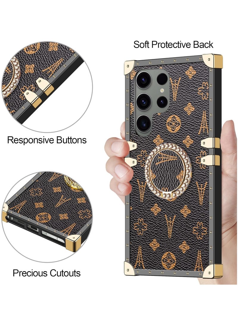 VKL for Galaxy S23 Ultra Square Leather Case with Kickstand Ring Stand Holder Luxury Retro Case for Women Girls Metal Edges Shockproof Protective Cover for Samsung Galaxy S23 Ultra 6.8 inch Brown  - Image 2