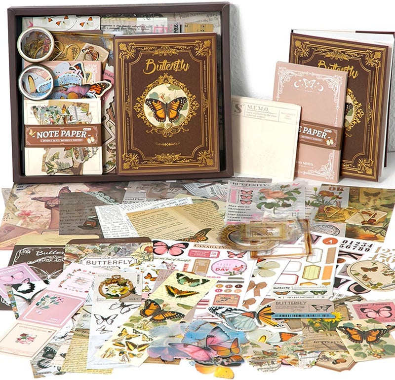 RANUR 346Pcs Vintage Aesthetic Scrapbook Kit With Stickers, Art Bullet Junk Journal Kit With Journaling Or Journal Planners Paper Stickers Craft Notebook Collage (Butterfly), Multicolour - Image 1