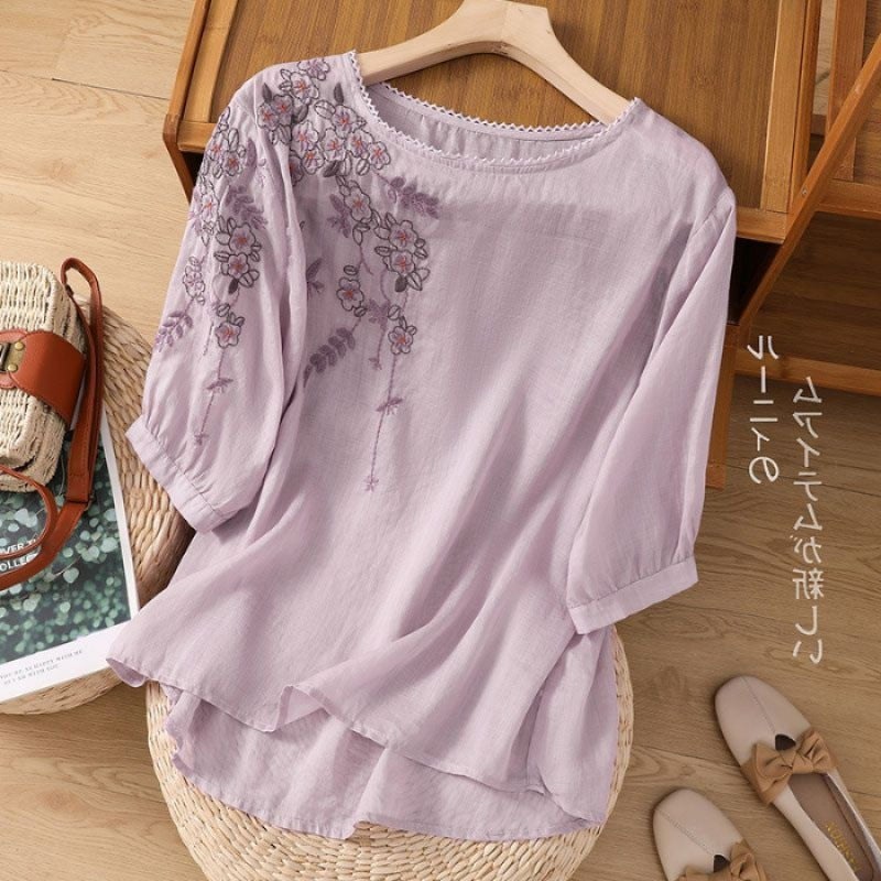 Artistic Cotton Linen Embroidery Casual Womens Short Sleeve Vintage T-Shirt Oversized Mom Loose Fit Summer New Style yellow  - Image 3