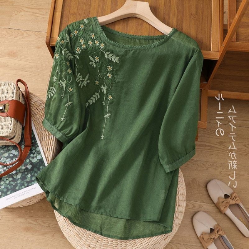 Artistic Cotton Linen Embroidery Casual Womens Short Sleeve Vintage T-Shirt Oversized Mom Loose Fit Summer New Style yellow  - Image 2