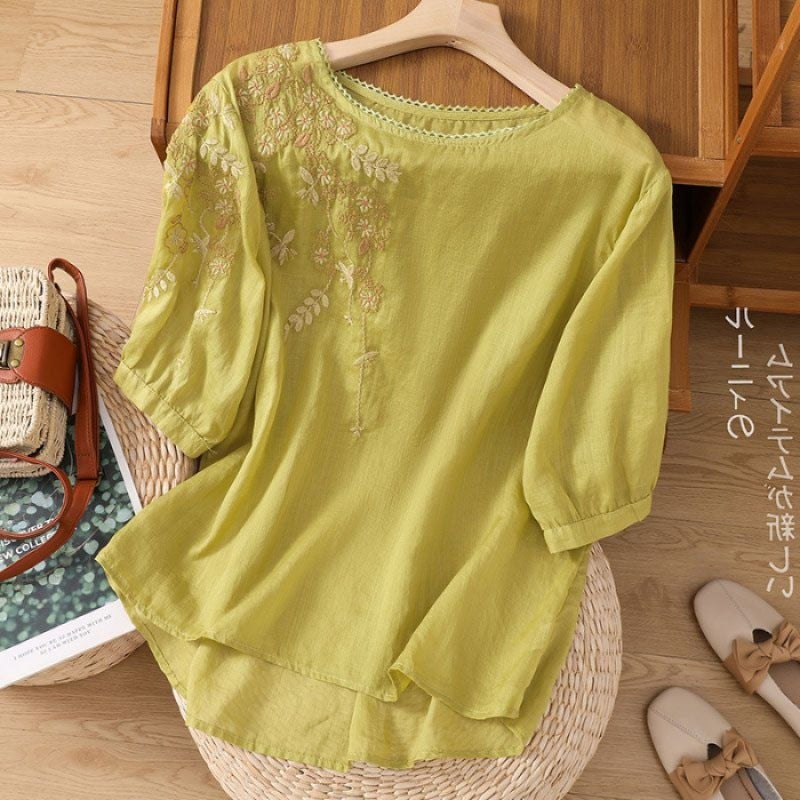 Artistic Cotton Linen Embroidery Casual Womens Short Sleeve Vintage T-Shirt Oversized Mom Loose Fit Summer New Style yellow  - Image 1