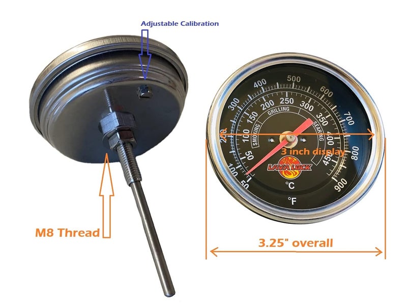 LavaLock Black Face BBQ Grill Thermometer 50F-900F High Temp Range Heavy Duty Premium Quality Smoker Thermo 2 Inch or 3" with M8 or 1/2 NPT Thread - Image 3