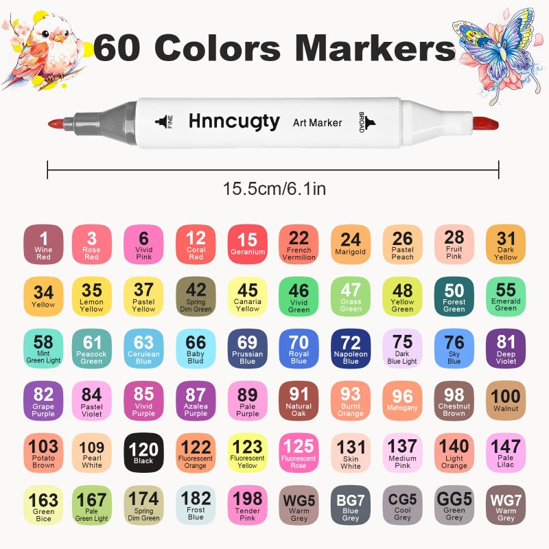 Hnncugty Alcohol Markers Set 60 Colors, Dual Tips Coloring Art Markers Set with Case & Holders, Chisel & Fine Artist Sketch Pens Art Supplies for Adult Coloring Books, Drawing, Painting, Sketching - Image 2