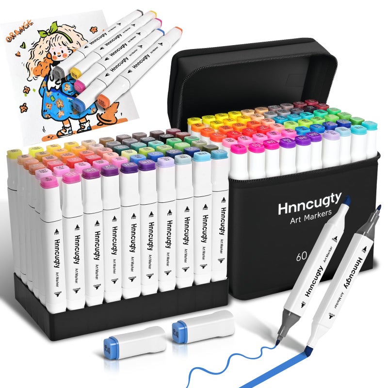 Hnncugty Alcohol Markers Set 60 Colors, Dual Tips Coloring Art Markers Set with Case & Holders, Chisel & Fine Artist Sketch Pens Art Supplies for Adult Coloring Books, Drawing, Painting, Sketching - Image 1